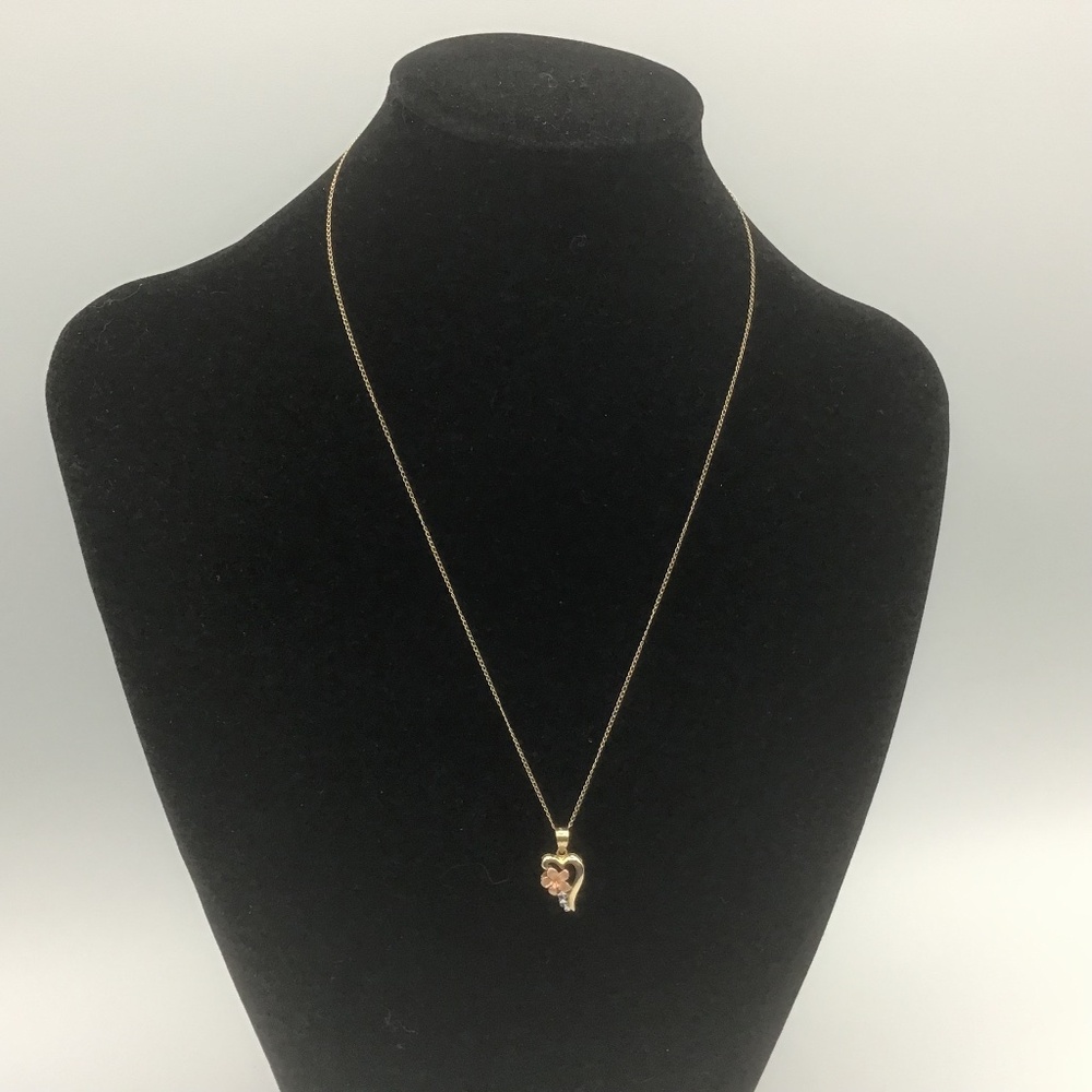 14k Solid Bicolor Yellow/ White Gold Pink Flower and Heart Pendant w Chain